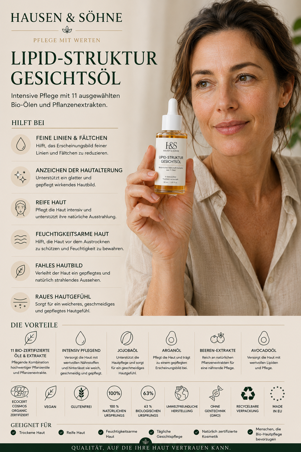 Lipid-Struktur Gesichtsöl für trockene & reife Haut mit 11 Bio-Pflanzenölen | Hausen & Söhne
